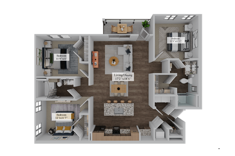 Floor plan for 3 beds, 2 baths, 1369 sqft